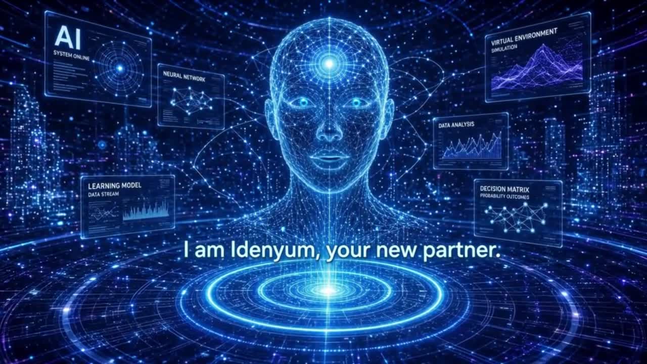 Idenyum’s blue holographic AI character surrounded by digital document panels